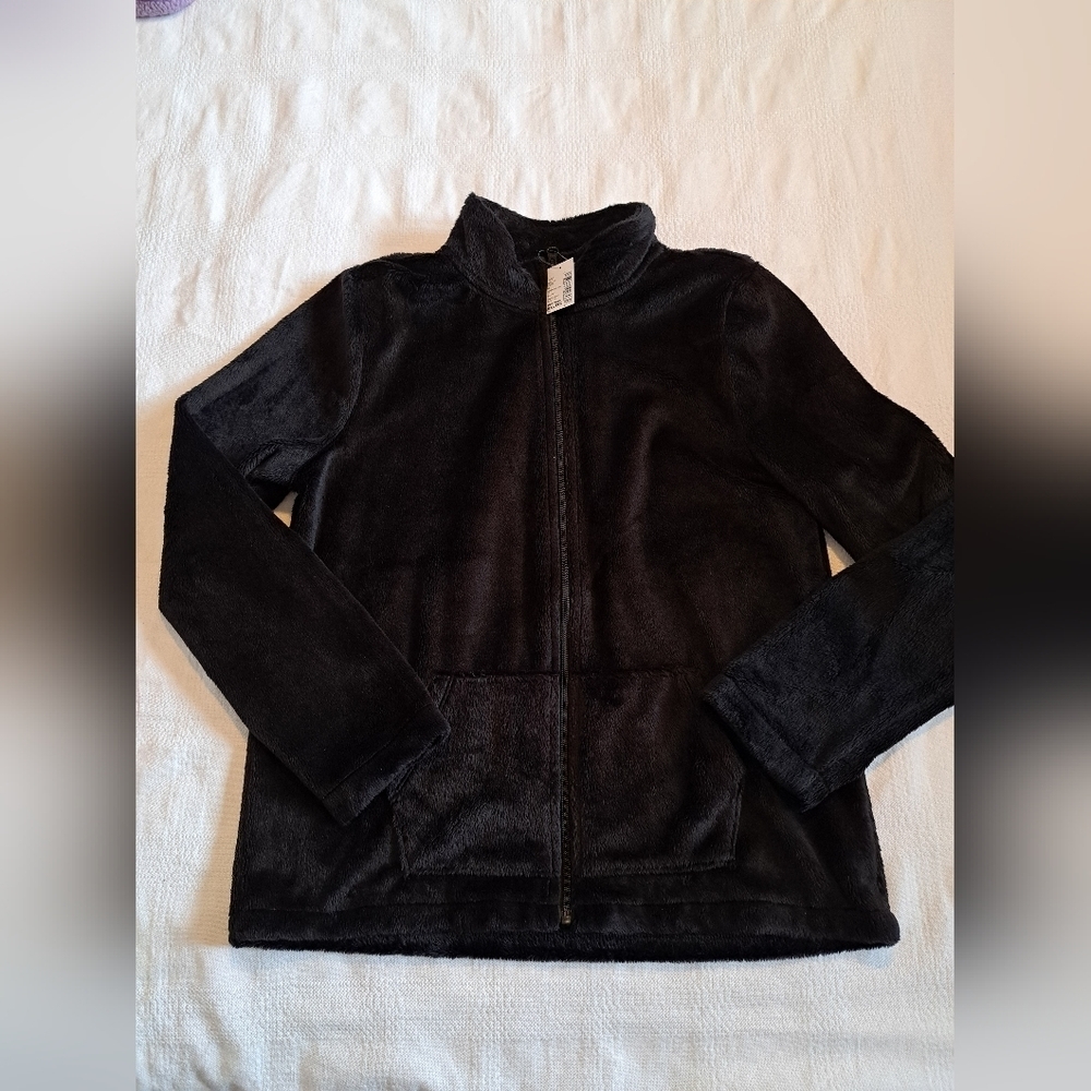 Children's Place girls size XXL or 16 black fuzzy zip up sweater jacket, NWT